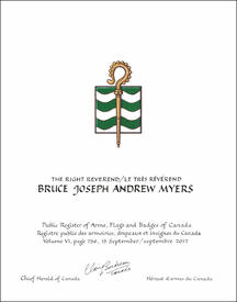 Letters patent granting heraldic emblems to Bruce Joseph Andrew Myers