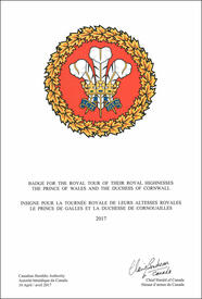 Letters patent registering a Badge for the Royal Tour 2017