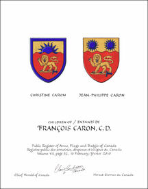 Letters patent granting heraldic emblems to François Caron