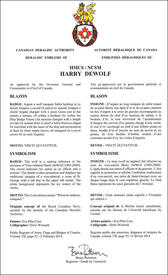 Lettres patentes approuvant les emblèmes héraldiques du NCSM Harry DeWolfles