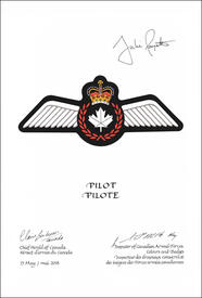 Lettres patentes approuvant les emblèmes héraldiques d'un pilote des Forces armées canadiennes