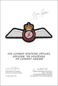 Letters patent approving the heraldic emblems of the Air Combat Systems Officer of the Canadian Armed Forces Letters patent approving the heraldic emblems of the Air Combat Systems Officer of the Canadian Armed Forces