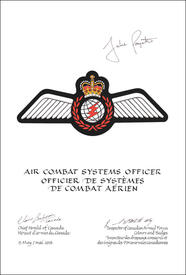 Letters patent approving the heraldic emblems of the Air Combat Systems Officer of the Canadian Armed Forces