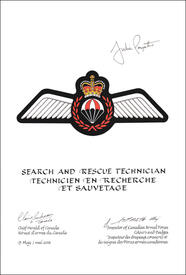 Lettres patentes approuvant les emblèmes héraldiques d'un technicien en recherche et sauvetage des Forces armées canadiennes
