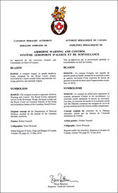 Lettres patentes approuvant les emblèmes héraaldiques du Système aéroporté d’alerte et de surveillance des Forces armées canadiennes Lettres patentes approuvant les emblèmes héraaldiques du Système aéroporté d’alerte et de surveillance des Forces armées canadiennes