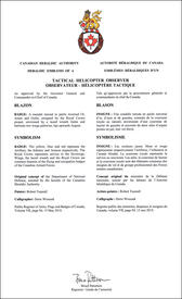 Lettres patentes approuvant les emblèmes héraldiques d'un observateur – hélicoptère tactique des Forces armées canadiennes Lettres patentes approuvant les emblèmes héraldiques d'un observateur – hélicoptère tactique des Forces armées canadiennes