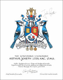 Lettres patentes concédant des emblèmes héraldiques à Arthur Joseph LeBlanc