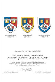 Letters patent granting heraldic emblems to Arthur Joseph LeBlanc