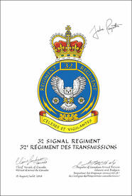 Letters patent approving the heraldic emblems of 32 Signal Regiment