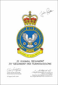 Lettres patentes approuvant les emblèmes héraldiques du 32<sup>e</sup> Régiment des transmissions Lettres patentes approuvant les emblèmes héraldiques du 32<sup>e</sup> Régiment des transmissions