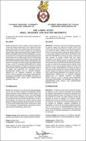 Letters patent approving the heraldic emblems of The Lorne Scots (Peel, Dufferin and Halton Regiment) Letters patent approving the heraldic emblems of The Lorne Scots (Peel, Dufferin and Halton Regiment)