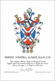 Lettres patentes concédant des emblèmes héraldiques à Robert Wendell Clarke