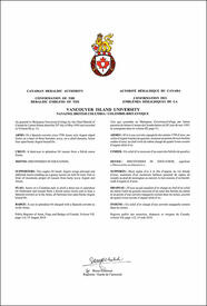 Letters patent confirming the heraldic emblems of Vancouver Island University