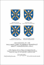 Letters patent granting heraldic emblems to Vallance Jane Florence Dimsdale Knott Hungerford