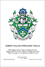 Letters patent granting heraldic emblems to Robert William Peter Kemp-Welch Letters patent granting heraldic emblems to Robert William Peter Kemp-Welch
