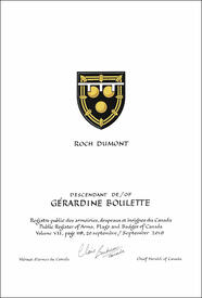 Letters patent granting heraldic emblems to Gérardine Boulette
