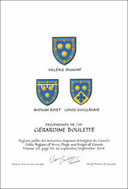 Letters patent granting heraldic emblems to Gérardine Boulette