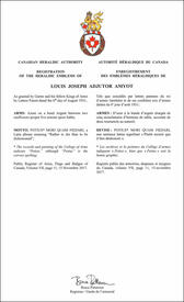 Letters patent registering the heraldic emblems of Louis Joseph Adjutor Amyot