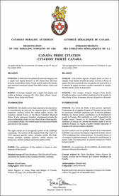 Letters patent registering the heraldic emblems of the Canada Pride Citation