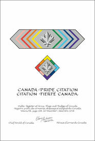 Letters patent registering the heraldic emblems of the Canada Pride Citation