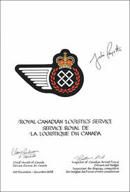 Letters patent approving the heraldic emblems of a Logistics Officer of the Royal Canadian Air Force