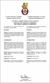 Lettres patentes approuvant les emblèmes héraldiques de la Branche des services juridiques des Forces armées canadiennes