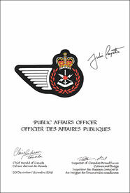 Letters patent approving the heraldic emblems of a Public Affairs Officer of the Canadian Armed Forces