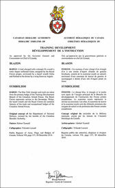 Lettres patentes approuvant les emblèmes héraldiques du Développement de l'instruction des Forces armées canadiennes