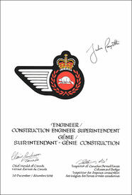 Letters patent approving the heraldic emblems of an Engineer / Construction Engineer Superintendent of the Canadian Armed Forces