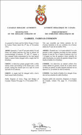 Letters patent registering the heraldic emblems of Gabriel Fairfax-Cookson Letters patent registering the heraldic emblems of Gabriel Fairfax-Cookson