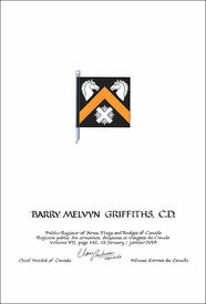 Letters patent granting heraldic emblems to Barry Melvyn Griffiths Letters patent granting heraldic emblems to Barry Melvyn Griffiths