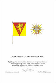 Letters patent granting heraldic emblems to Alexandra Alexandrova Fol