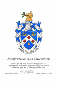 Letters patent granting heraldic emblems to Anthony Douglas Irvine Greco Ross Letters patent granting heraldic emblems to Anthony Douglas Irvine Greco Ross