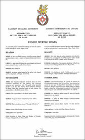 Letters patent registering the heraldic emblems of Eunice Myrtle Oakes Letters patent registering the heraldic emblems of Eunice Myrtle Oakes