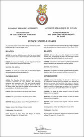 Letters patent registering the heraldic emblems of Eunice Myrtle Oakes