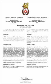 Letters patent registering the heraldic emblems of the Bishopric of Ottawa