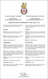 Lettres patentes enregistrant les emblèmes héraldiques d'Edmund Graves Meredith Cape Lettres patentes enregistrant les emblèmes héraldiques d'Edmund Graves Meredith Cape