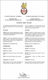 Lettres patentes enregistrant les emblèmes héraldiques d'Eugene John Mayer Lettres patentes enregistrant les emblèmes héraldiques d'Eugene John Mayer
