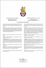 Letters patent confirming the heraldic emblems of Cape Breton University