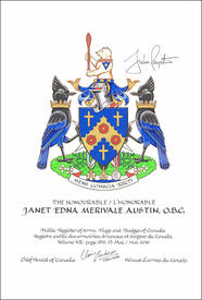 Letters patent granting heraldic emblems to Janet Edna Merivale Austin