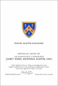 Letters patent granting heraldic emblems to Janet Edna Merivale Austin
