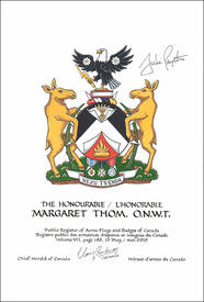 Letters patent granting heraldic emblems to Margaret Thom