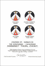 Letters patent granting heraldic emblems to Margaret Thom