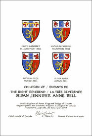 Letters patent granting heraldic emblems to Susan Jennifer Anne Bell