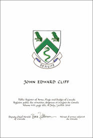 Letters patent granting heraldic emblems to John Edward Cliff