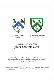 Letters patent granting heraldic emblems to John Edward Cliff