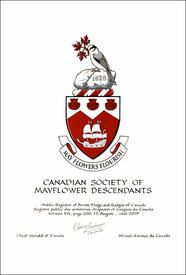 Letters patent granting heraldic emblems to the Canadian Society of Mayflower Descendants Letters patent granting heraldic emblems to the Canadian Society of Mayflower Descendants