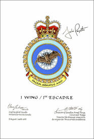 Lettres patentes approuvant les emblèmes héraldiques de la 1<sup>re</sup> Escadre Lettres patentes approuvant les emblèmes héraldiques de la 1<sup>re</sup> Escadre