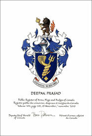 Letters patent granting heraldic emblems to Deepak Prasad Letters patent granting heraldic emblems to Deepak Prasad