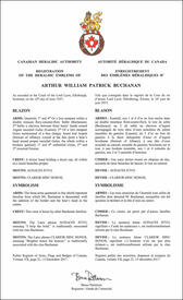Lettres patentes enregistrant les emblèmes héraldiques d'Arthur William Patrick Buchanan Lettres patentes enregistrant les emblèmes héraldiques d'Arthur William Patrick Buchanan
